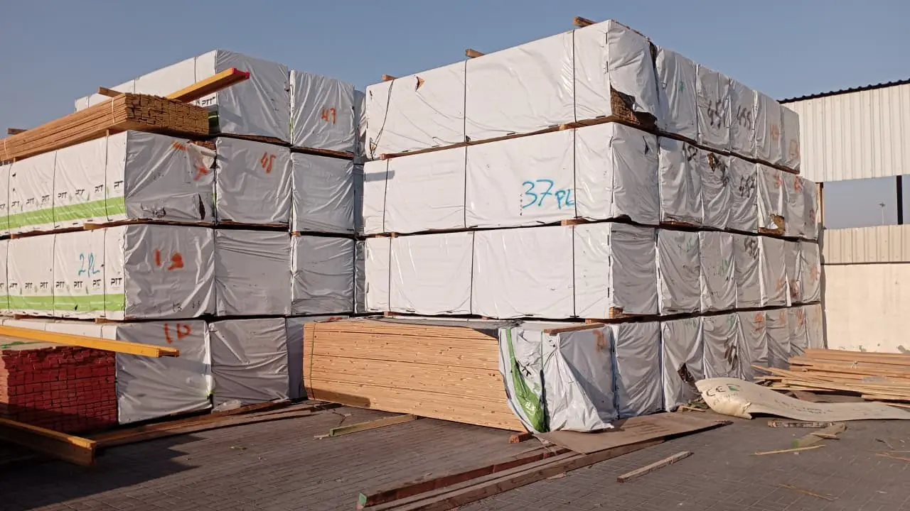 Wrapped LVL bundles in the yard