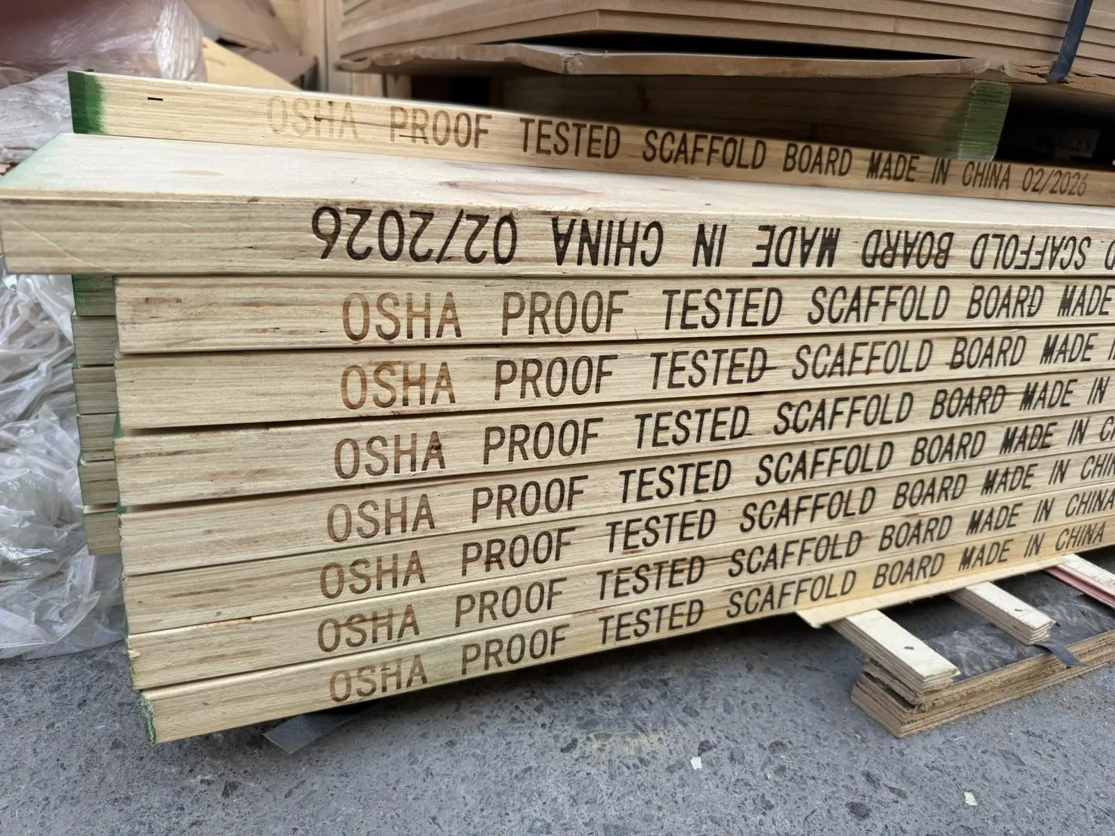 Proof-tested scaffold boards, stacked